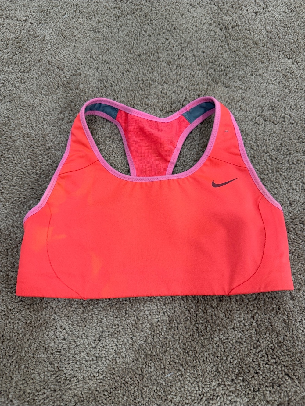 Nike Women’s Coral-Red Racerback Sports Bra with Pink Trim